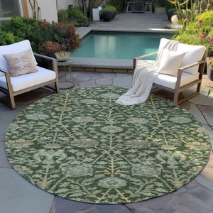 Homeroots 3' Floral Indoor Outdoor Area Rug In Green, Tan, And Gray – Durable, Washable, And Versatile Design 8' Round Polyester 603463