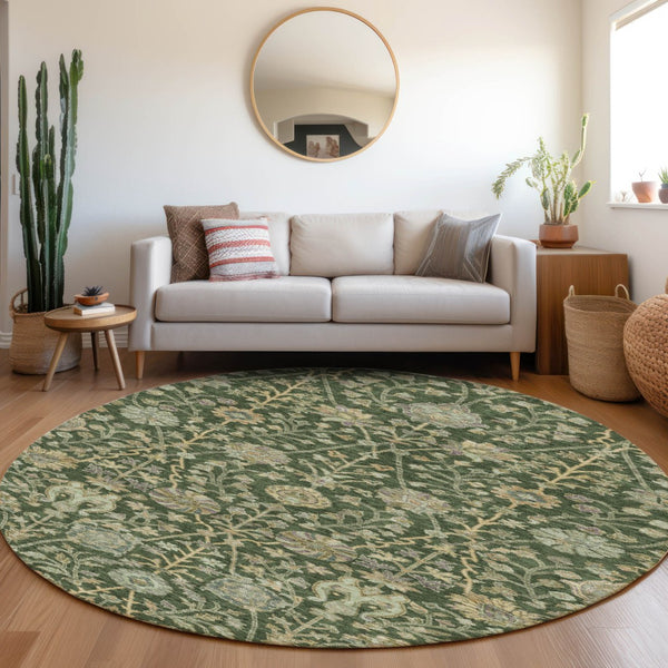 Homeroots 3' Floral Indoor Outdoor Area Rug In Green, Tan, And Gray – Durable, Washable, And Versatile Design 8' Round Polyester 603463