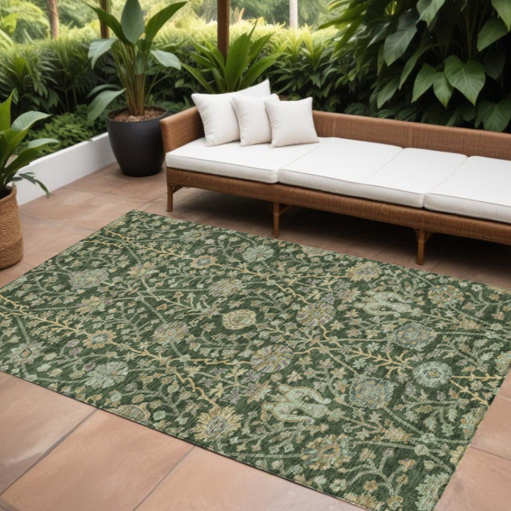 HomeRoots 9' X 12' Washable Floral Area Rug - Durable Indoor/Outdoor Accent in Green, Tan & Gray Design 603465