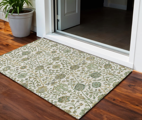 Homeroots 3' Floral Indoor Outdoor Area Rug In Green, Tan, And Gray – Durable, Washable, And Versatile Design 3' X 5' Polyester 603467
