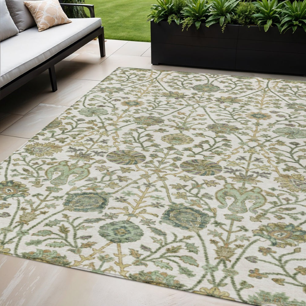 HomeRoots 5' Indoor Outdoor Area Rug - Elegant Floral Design in Ivory, Green, and Brown, Machine Washable! 5' X 8' 603468