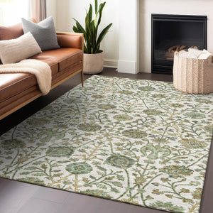 Homeroots 3' Floral Indoor Outdoor Area Rug In Green, Tan, And Gray – Durable, Washable, And Versatile Design 5' X 8' Polyester 603468