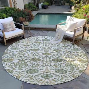 Homeroots 3' Floral Indoor Outdoor Area Rug In Green, Tan, And Gray – Durable, Washable, And Versatile Design 8' Round Polyester 603469