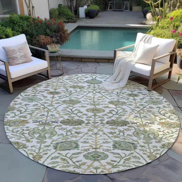 Homeroots 3' Floral Indoor Outdoor Area Rug In Green, Tan, And Gray – Durable, Washable, And Versatile Design 8' Round Polyester 603469