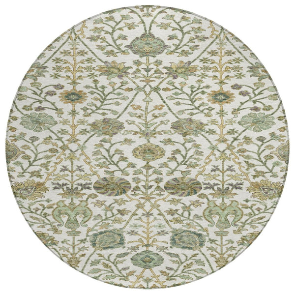 HomeRoots 5' Indoor Outdoor Area Rug - Elegant Floral Design in Ivory, Green, and Brown, Machine Washable! 8' Round 603469