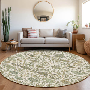 Homeroots 3' Floral Indoor Outdoor Area Rug In Green, Tan, And Gray – Durable, Washable, And Versatile Design 8' Round Polyester 603469