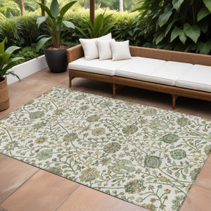 Homeroots 3' Floral Indoor Outdoor Area Rug In Green, Tan, And Gray – Durable, Washable, And Versatile Design 8' X 10' Polyester 603470