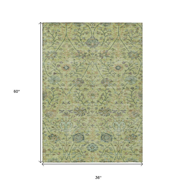 Homeroots 3' Floral Indoor Outdoor Area Rug In Green, Tan, And Gray – Durable, Washable, And Versatile Design 3' X 5' Polyester 603473