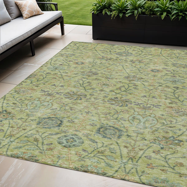Homeroots 3' Floral Indoor Outdoor Area Rug In Green, Tan, And Gray – Durable, Washable, And Versatile Design 5' X 8' Polyester 603474