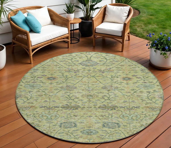 Homeroots 3' Floral Indoor Outdoor Area Rug In Green, Tan, And Gray – Durable, Washable, And Versatile Design 8' Round Polyester 603475