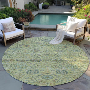 Homeroots 3' Floral Indoor Outdoor Area Rug In Green, Tan, And Gray – Durable, Washable, And Versatile Design 8' Round Polyester 603475
