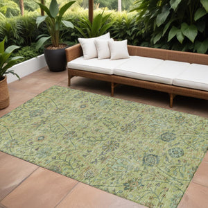Homeroots 3' Floral Indoor Outdoor Area Rug In Green, Tan, And Gray – Durable, Washable, And Versatile Design 9' X 12' Polyester 603477