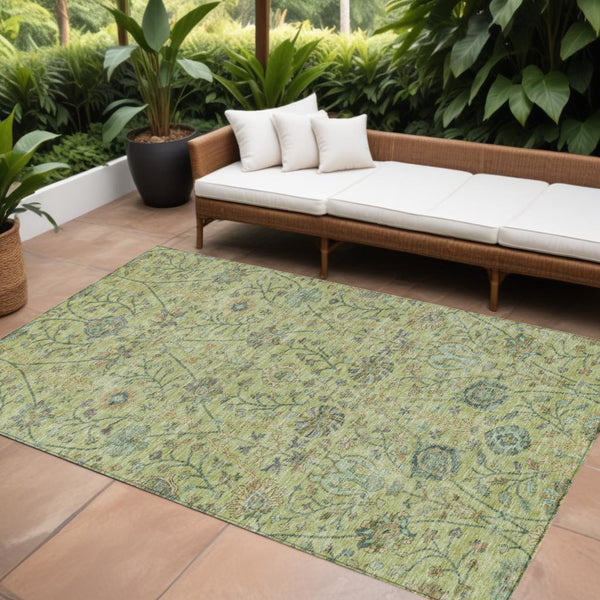 Homeroots 3' Floral Indoor Outdoor Area Rug In Green, Tan, And Gray – Durable, Washable, And Versatile Design 9' X 12' Polyester 603477