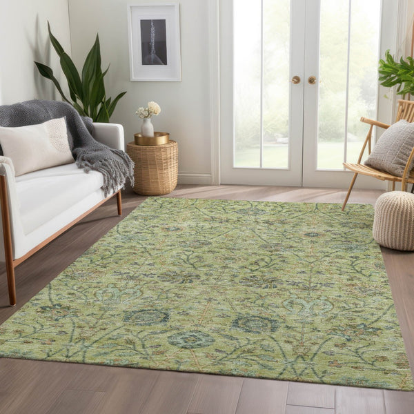 Homeroots 3' Floral Indoor Outdoor Area Rug In Green, Tan, And Gray – Durable, Washable, And Versatile Design 9' X 12' Polyester 603477