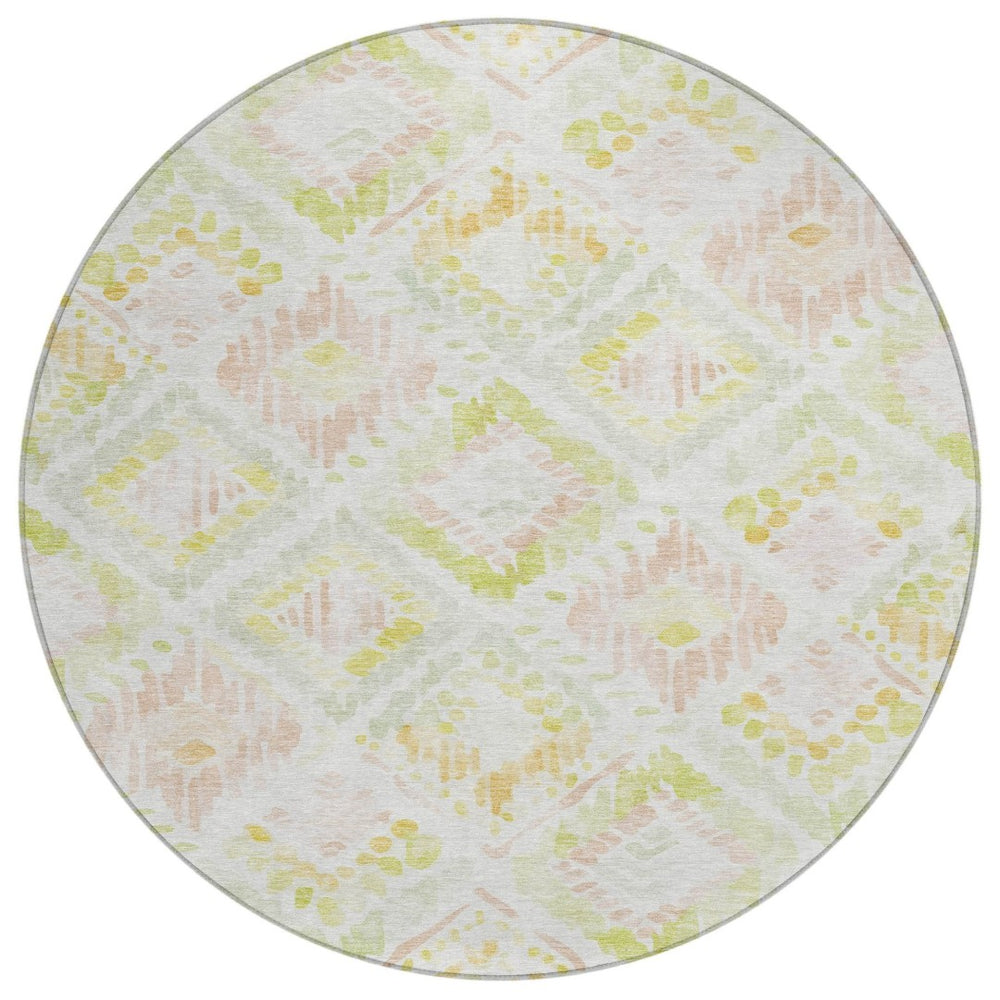 HomeRoots 5' Modern Geometric Area Rug in Pink, Green & Beige - Washable, Durable, Perfect for Indoor & Outdoor Spaces 8' Round 603480