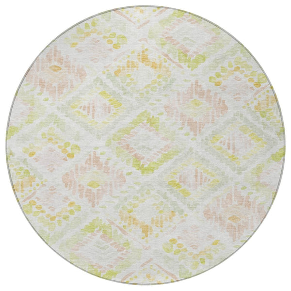 HomeRoots 5' Modern Geometric Area Rug in Pink, Green & Beige - Washable, Durable, Perfect for Indoor & Outdoor Spaces 8' Round 603480