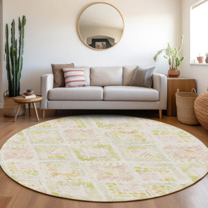 HomeRoots 5' Modern Geometric Area Rug in Pink, Green & Beige - Washable, Durable, Perfect for Indoor & Outdoor Spaces 8' Round 603480