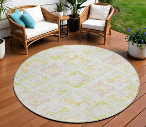 HomeRoots 5' Modern Geometric Area Rug in Pink, Green & Beige - Washable, Durable, Perfect for Indoor & Outdoor Spaces 8' Round 603480