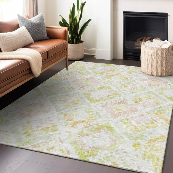 HomeRoots 5' Modern Geometric Area Rug in Pink, Green & Beige - Washable, Durable, Perfect for Indoor & Outdoor Spaces 8' X 10' 603481