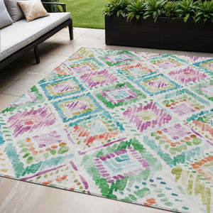 HomeRoots 5' Vibrant Geometric Area Rug - Washable Indoor/Outdoor Design in Teal, Blue, Green & Purple Tones 5' X 8' 603485