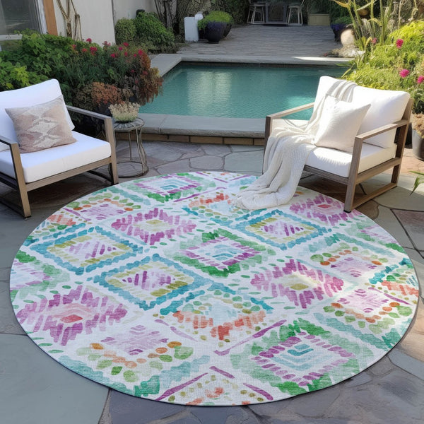 HomeRoots 5' Vibrant Geometric Area Rug - Washable Indoor/Outdoor Design in Teal, Blue, Green & Purple Tones 8' Round 603486