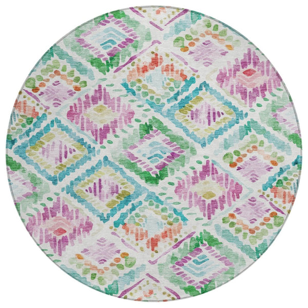 HomeRoots 5' Vibrant Geometric Area Rug - Washable Indoor/Outdoor Design in Teal, Blue, Green & Purple Tones 8' Round 603486