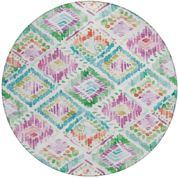 HomeRoots 5' Vibrant Geometric Area Rug - Washable Indoor/Outdoor Design in Teal, Blue, Green & Purple Tones 8' Round 603486
