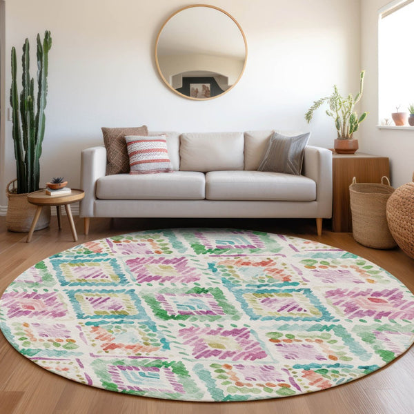 HomeRoots 5' Vibrant Geometric Area Rug - Washable Indoor/Outdoor Design in Teal, Blue, Green & Purple Tones 8' Round 603486