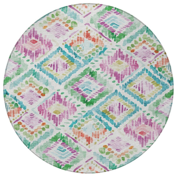 HomeRoots 5' Vibrant Geometric Area Rug - Washable Indoor/Outdoor Design in Teal, Blue, Green & Purple Tones 8' Round 603486