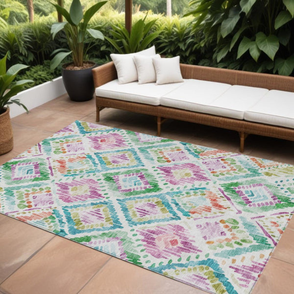 HomeRoots 5' Vibrant Geometric Area Rug - Washable Indoor/Outdoor Design in Teal, Blue, Green & Purple Tones 8' X 10' 603487