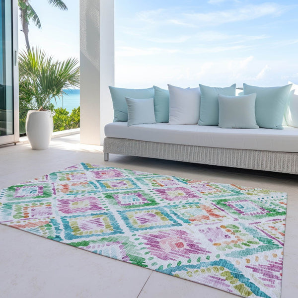 HomeRoots 5' Vibrant Geometric Area Rug - Washable Indoor/Outdoor Design in Teal, Blue, Green & Purple Tones 10' X 14' 603489