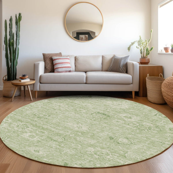 Homeroots 3' Artichoke Green Damask Washable Area Rug - Stylish, Durable Indoor/Outdoor Decor For Any Space 8' Round Polyester 603493