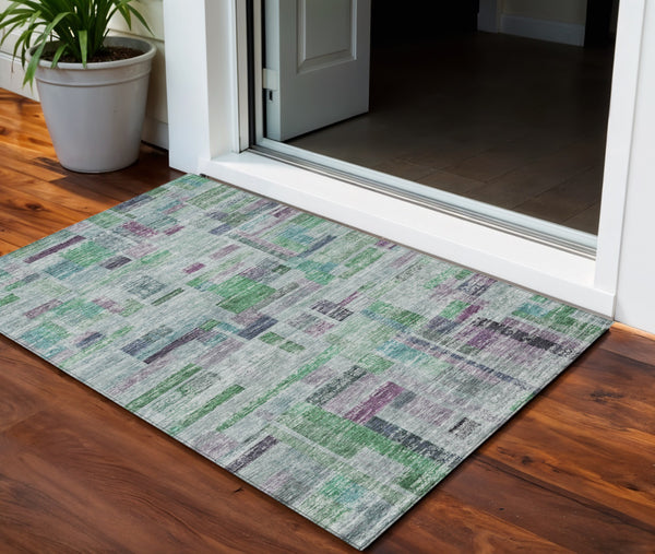 Homeroots 3' Artichoke Green Charcoal & Purple Striped Washable Area Rug For Indoor & Outdoor Spaces 3' X 5' Polyester 603509