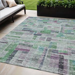 Homeroots 3' Artichoke Green Charcoal & Purple Striped Washable Area Rug For Indoor & Outdoor Spaces 5' X 8' Polyester 603510