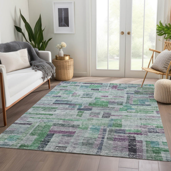 Homeroots 3' Artichoke Green Charcoal & Purple Striped Washable Area Rug For Indoor & Outdoor Spaces 5' X 8' Polyester 603510
