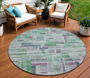 Homeroots 3' Artichoke Green Charcoal & Purple Striped Washable Area Rug For Indoor & Outdoor Spaces 8' Round Polyester 603511