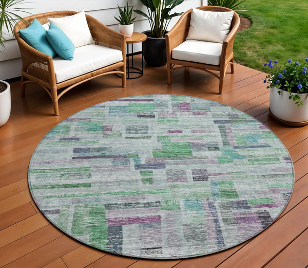 Homeroots 3' Artichoke Green Charcoal & Purple Striped Washable Area Rug For Indoor & Outdoor Spaces 8' Round Polyester 603511