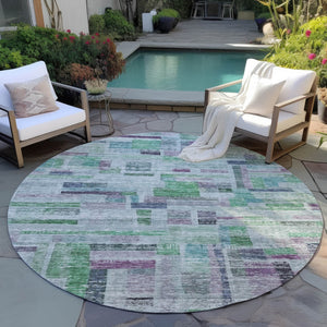 Homeroots 3' Artichoke Green Charcoal & Purple Striped Washable Area Rug For Indoor & Outdoor Spaces 8' Round Polyester 603511