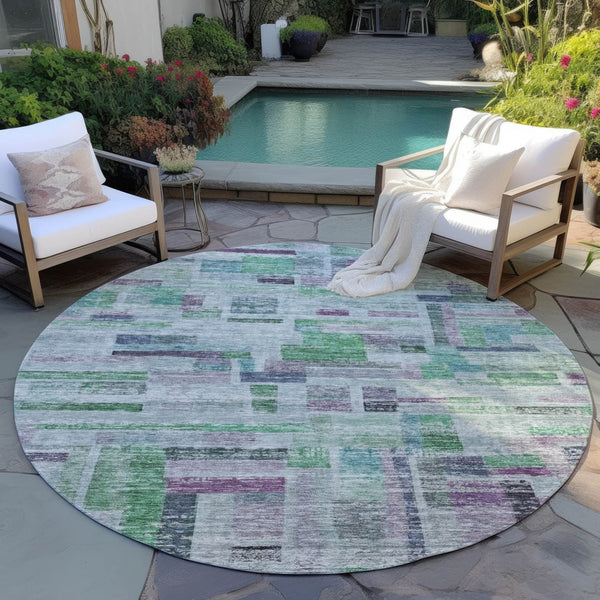 Homeroots 3' Artichoke Green Charcoal & Purple Striped Washable Area Rug For Indoor & Outdoor Spaces 8' Round Polyester 603511