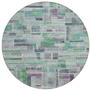 HomeRoots 5' Striped Washable Area Rug in Artichoke Green, Charcoal & Purple for Indoor/Outdoor Use 8' Round 603511