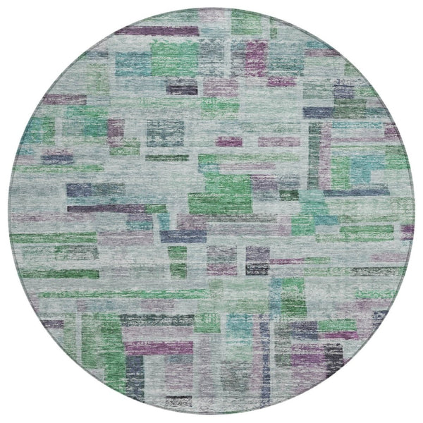 HomeRoots 5' Striped Washable Area Rug in Artichoke Green, Charcoal & Purple for Indoor/Outdoor Use 8' Round 603511