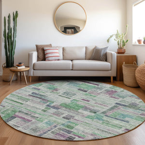 Homeroots 3' Artichoke Green Charcoal & Purple Striped Washable Area Rug For Indoor & Outdoor Spaces 8' Round Polyester 603511