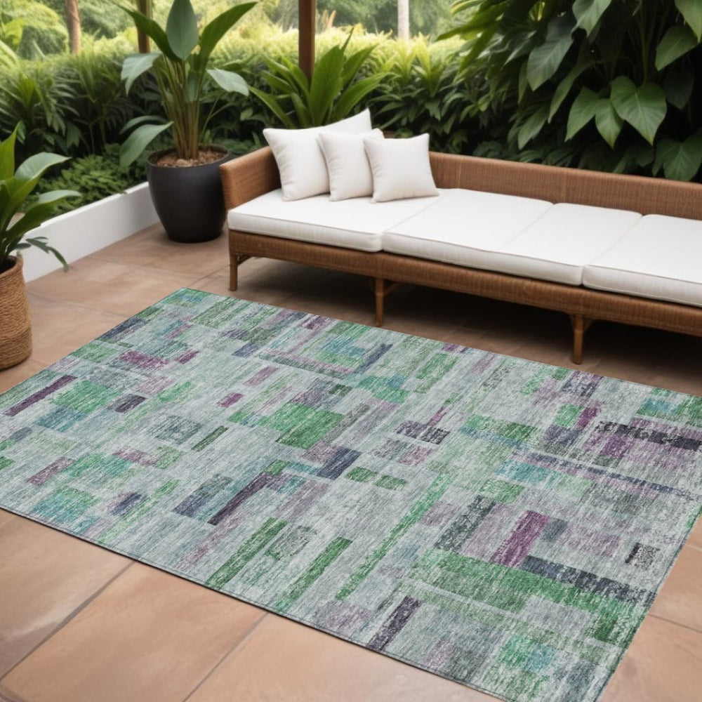 HomeRoots 5' Striped Washable Area Rug in Artichoke Green, Charcoal & Purple for Indoor/Outdoor Use 8' X 10' 603512