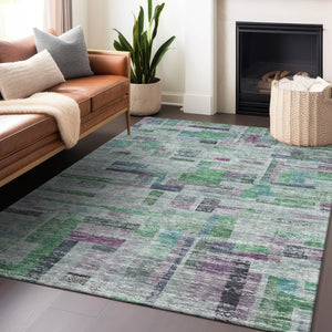 Homeroots 3' Artichoke Green Charcoal & Purple Striped Washable Area Rug For Indoor & Outdoor Spaces 9' X 12' Polyester 603513