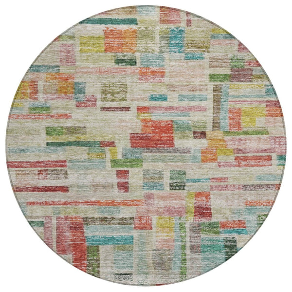 HomeRoots 5' Terra Cotta Green and Brown Striped Washable Indoor Outdoor Area Rug for High-Traffic Spaces 8' Round 603523