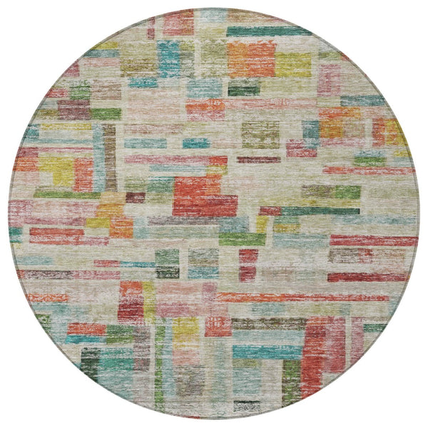 Homeroots 3' Artichoke Green Charcoal & Purple Striped Washable Area Rug For Indoor & Outdoor Spaces 8' Round Polyester 603523