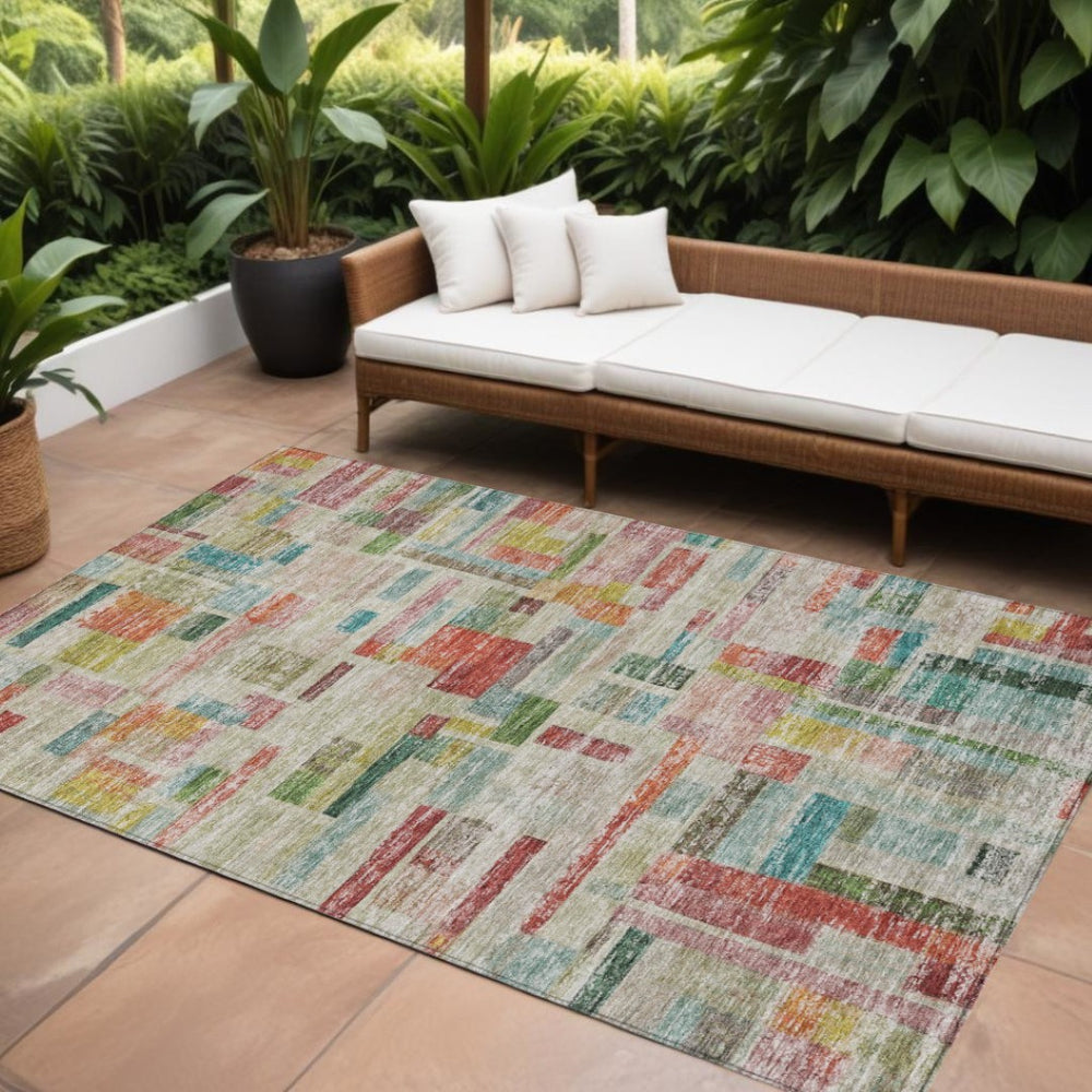HomeRoots 5' Terra Cotta Green and Brown Striped Washable Indoor Outdoor Area Rug for High-Traffic Spaces 10' X 14' 603526