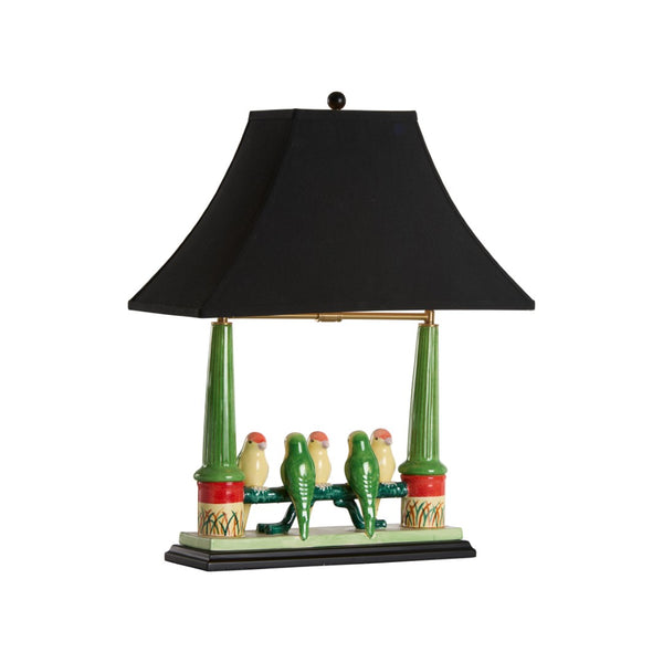 Wildwood Budgies Hand-Painted Ceramic Lamp With Five Colorful Parakeets, Black Shade, 22" Accent Lighting 60353-2