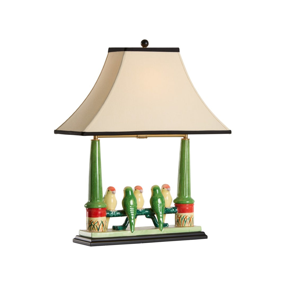Wildwood Budgies Hand-Painted Ceramic Table Lamp With Five Colorful Parakeets, Tan Shade, Newport Mansion Style 60353