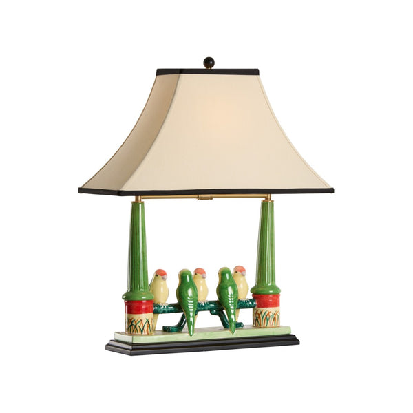 Wildwood Budgies Hand-Painted Ceramic Table Lamp With Five Colorful Parakeets, Tan Shade, Newport Mansion Style 60353